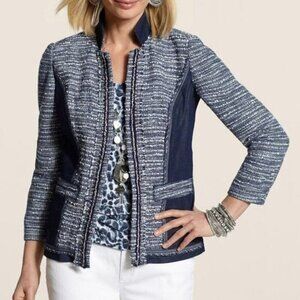 CHICO'S Tweed Beaded Open Front Jacket Denim Panels Sz Large Blue White